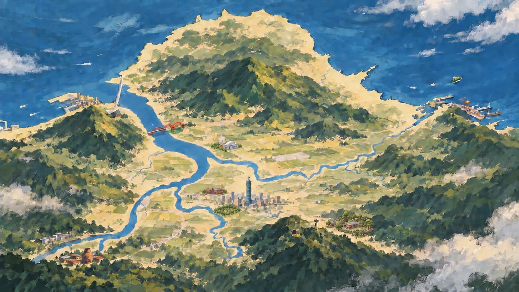 大台北的區域主題插畫,包含淡水河口、內陸城市、山林與海岸。