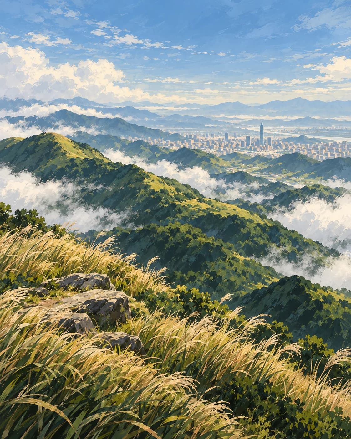 從山稜眺望大台北的主題插畫。