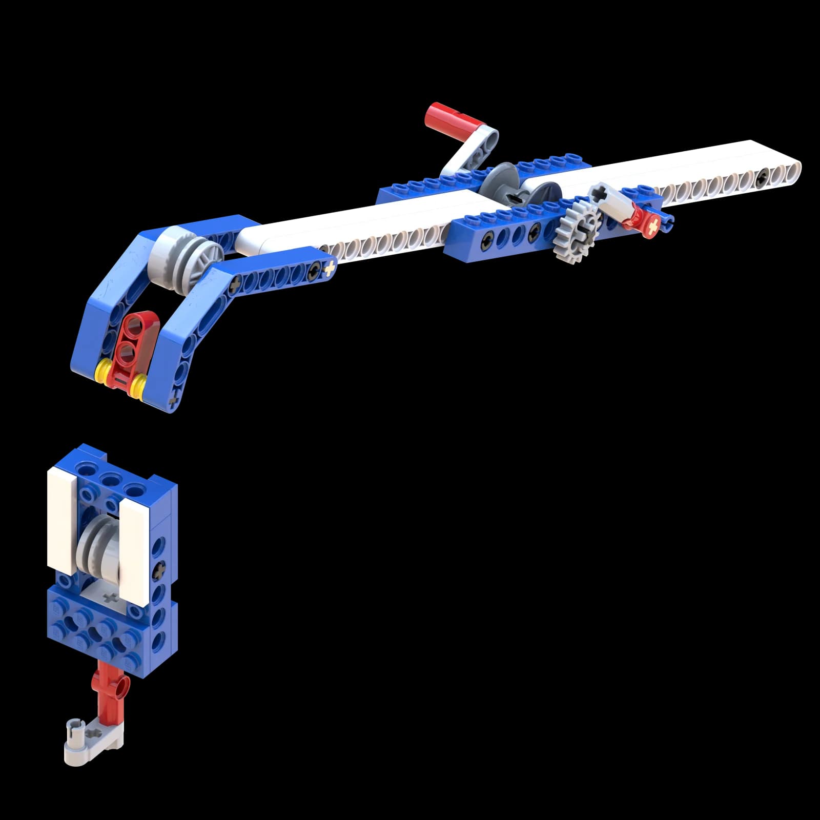 具有捲線器、滑輪與魚鉤的藍白色 LEGO 釣魚竿