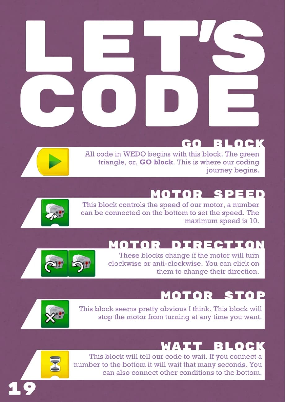 An actual SmartBot workbook page explaining start, speed, direction, stop and wait blocks
