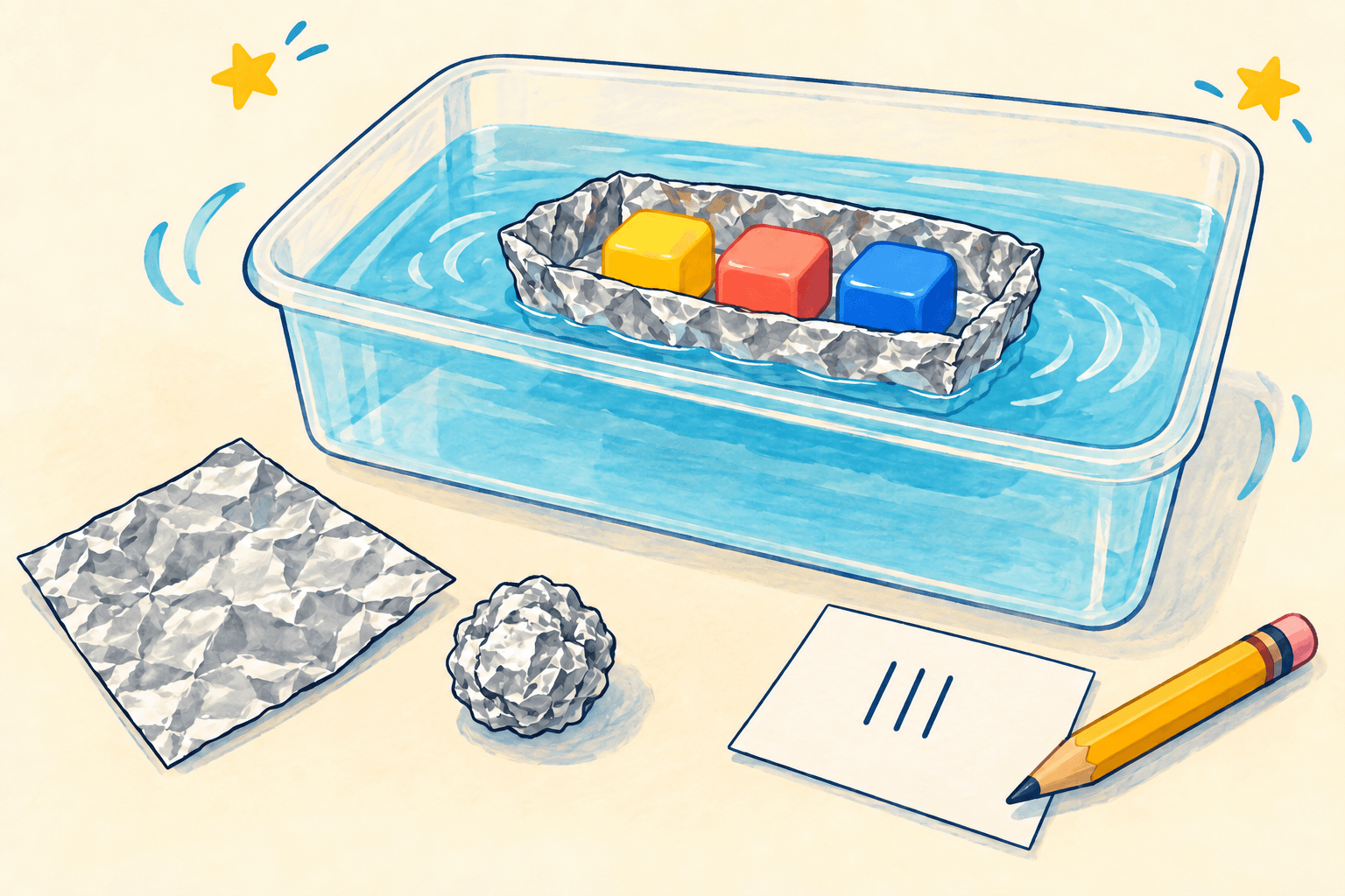 Illustration of a foil boat carrying three large counters in a shallow water tub, with a foil sheet and foil ball beside it
