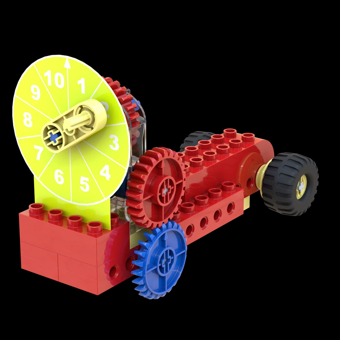 Official red and yellow LEGO Measuring Car model with a distance dial